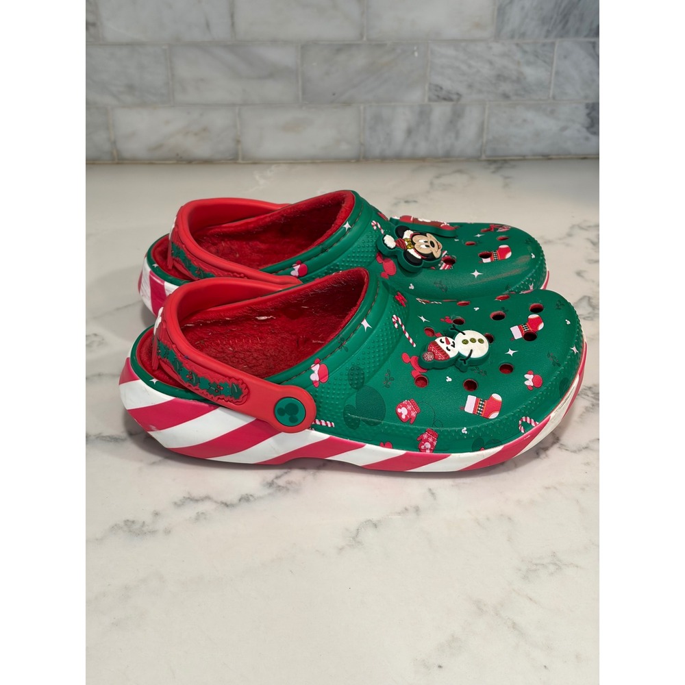 Disney Mickey Mouse Christmas Crocs Lined Clogs Green Red Candy Cane Jibbitz